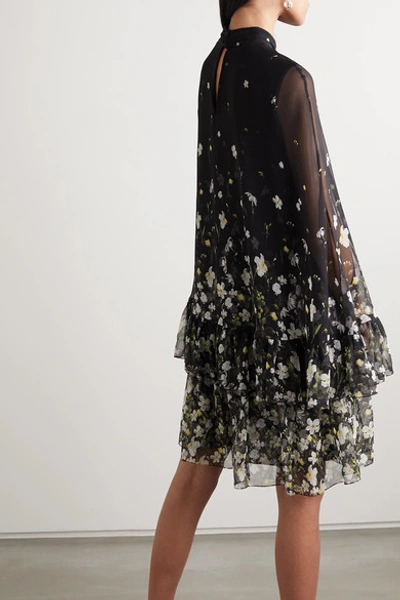 Shop Erdem Concetta Tiered Floral-print Silk-chiffon Mini Dress In Black