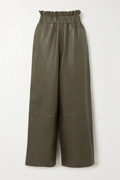 Shop Ganni Leather Wide-leg Pants In Army Green