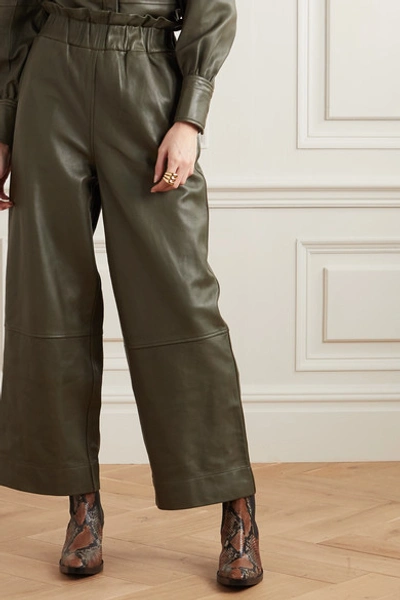 Shop Ganni Leather Wide-leg Pants In Army Green