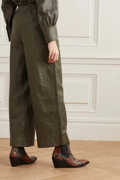 Shop Ganni Leather Wide-leg Pants In Army Green