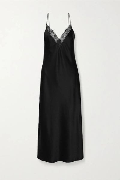 Shop Anine Bing Katy Lace-trimmed Silk-charmeuse Midi Dress In Black