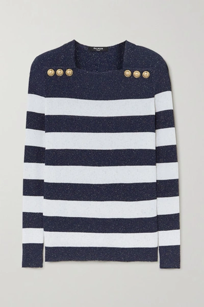 Shop Balmain Button-embellished Metallic Striped Ribbed-knit Sweater In White