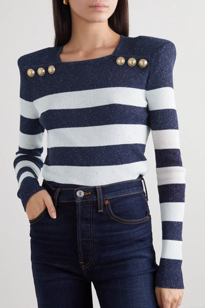 Shop Balmain Button-embellished Metallic Striped Ribbed-knit Sweater In White