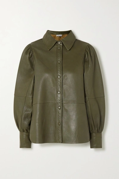 Shop Ganni Leather Shirt In Army Green
