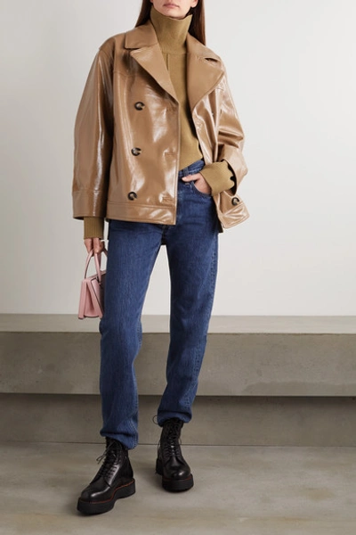 Shop Ganni Double-breasted Faux Patent-leather Jacket In Sand