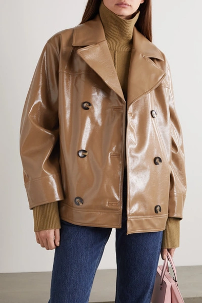 Ganni Double-breasted Faux Patent-leather Jacket In Sand | ModeSens