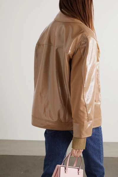 Shop Ganni Double-breasted Faux Patent-leather Jacket In Sand