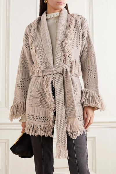 Shop Alanui Belted Fringed Open-knit Wool Cardigan In Beige