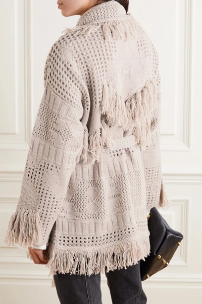 Shop Alanui Belted Fringed Open-knit Wool Cardigan In Beige