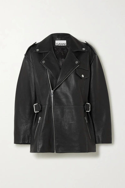Shop Ganni Oversized Textured-leather Biker Jacket In Black