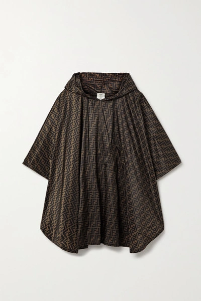 Shop Fendi Hooded Printed Shell Poncho In Chocolate