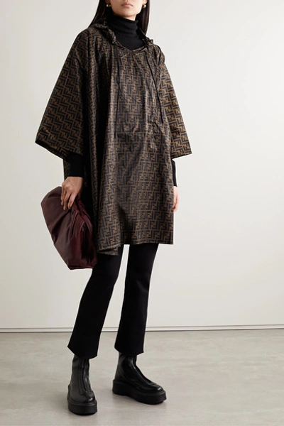 Shop Fendi Hooded Printed Shell Poncho In Chocolate