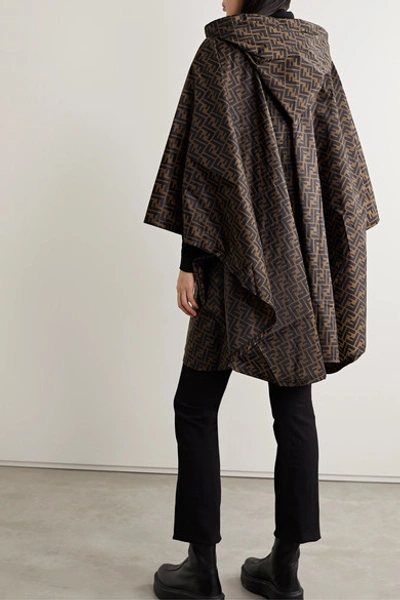 Shop Fendi Hooded Printed Shell Poncho In Chocolate