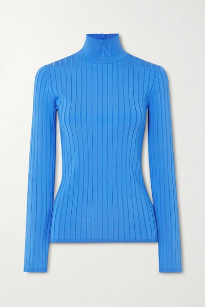 Shop Nina Ricci Embroidered Ribbed-knit Turtleneck Sweater In Blue