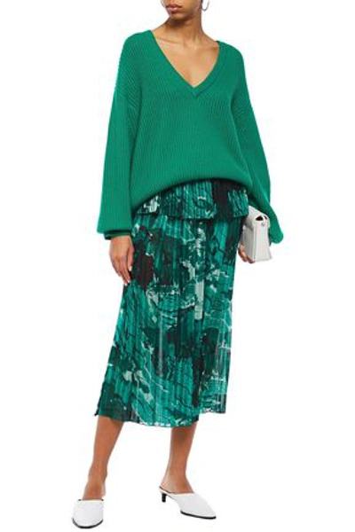 Shop Victoria Victoria Beckham Pleated Printed Satin Crepe-paneled Chiffon Midi Skirt In Green