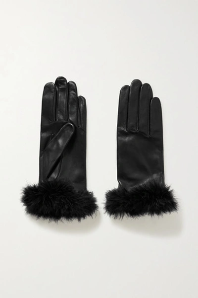 Shop Agnelle Boa Feather-trimmed Leather Gloves In Black