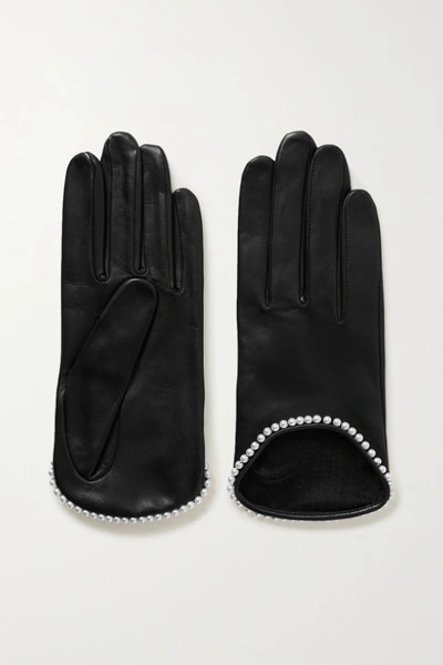 Shop Agnelle Sofia Faux Pearl-embellished Leather Gloves In Black