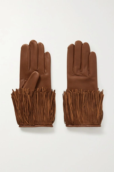 Shop Agnelle Lena Fringed Leather Gloves In Tan