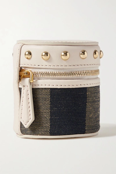 Shop Fendi Studded Leather And Canvas Pouch In Beige