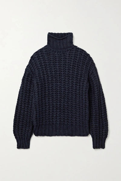 Shop Anine Bing Iris Open-knit Turtleneck Sweater In Midnight Blue