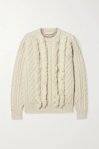 Shop Tory Burch Fringed Cable-knit Wool Sweater In Ivory