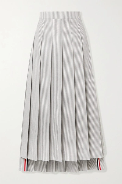 Shop Thom Browne Pleated Grosgrain-trimmed Striped Cotton-seersucker Midi Skirt In White