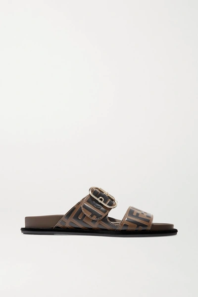 Shop Fendi Logo-print Leather And Rubber Slides In Brown