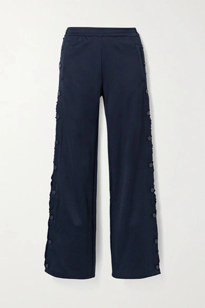 Shop Tory Sport Ruffled Stretch-knit Track Pants In Storm Blue