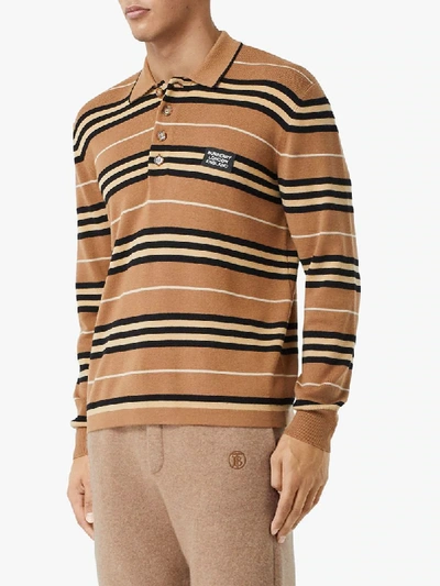 Shop Burberry Icon Stripe Knitted Polo Shirt In Brown