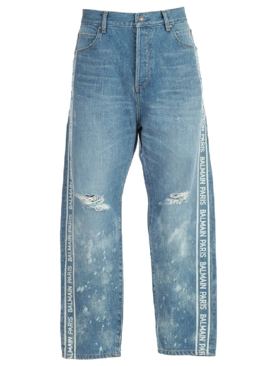 Shop Balmain Wide Leg Logo Jeans In Blue