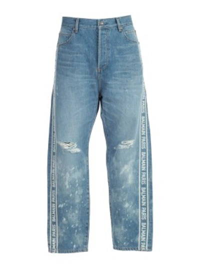 Shop Balmain Wide Leg Logo Jeans In Blue