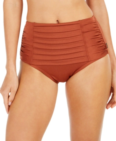 Shop Calvin Klein Pleated High-waist Bikini Bottoms Women's Swimsuit In Copper Shimmer