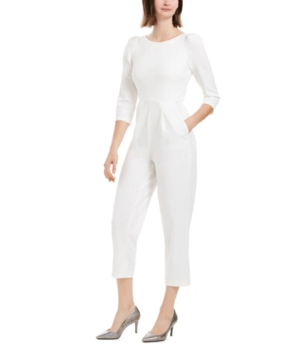 Shop Calvin Klein Puff Shoulder Cropped Jumpsuit In Cream