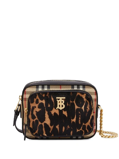 Shop Burberry Vintage Check And Leopard Print Calf Hair Camera Bag In Neutrals