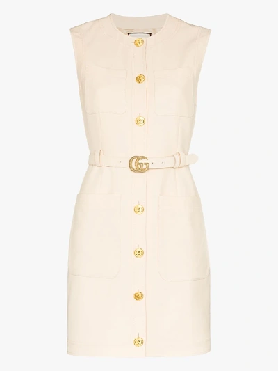 Shop Gucci Belted Button-down Mini Dress In Neutrals