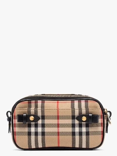 Shop Burberry Beige Camera Micro Vintage Check Shoulder Bag In Brown