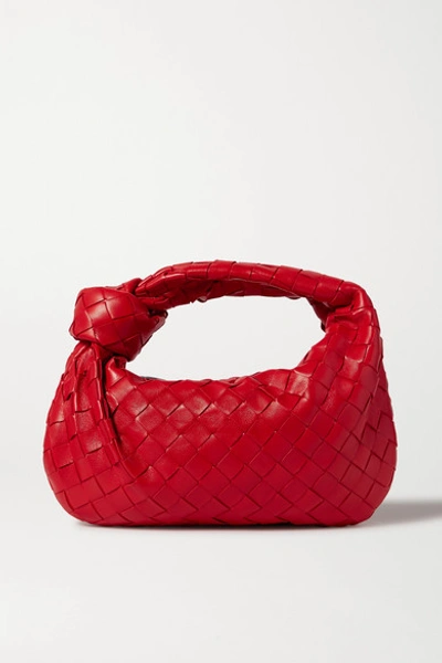 Shop Bottega Veneta Jodie Mini Knotted Intrecciato Textured-leather Tote In Red