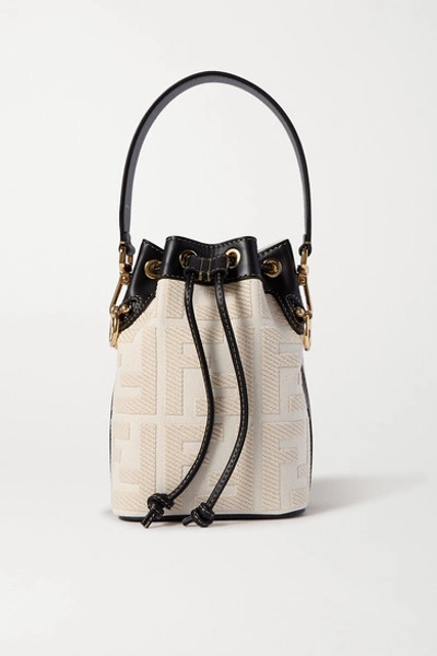 Shop Fendi Mon Trésor Mini Leather-trimmed Canvas Bucket Bag In Beige