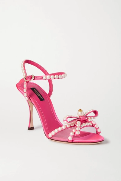 Shop Dolce & Gabbana Faux Pearl-embellished Mesh-trimmed Satin Sandals In Pink