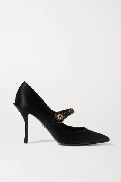 Shop Dolce & Gabbana Crystal-embellished Satin Mary Jane Pumps In Black
