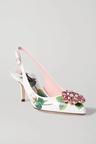 Shop Dolce & Gabbana Crystal-embellished Floral-print Leather Slingback Pumps In White