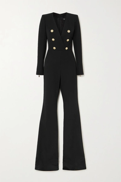 Shop Balmain Button-embellished Wool-twill Jumpsuit In Black