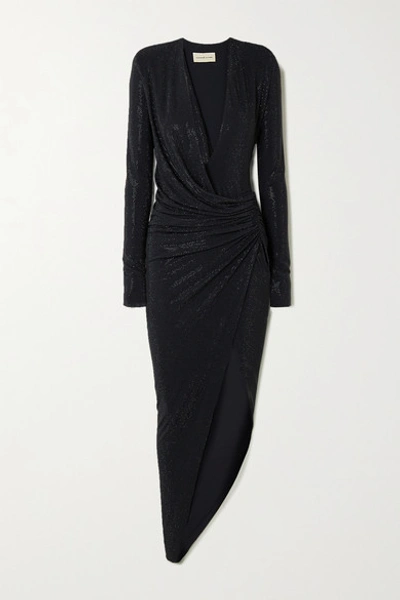 Shop Alexandre Vauthier Asymmetric Ruched Crystal-embellished Stretch-crepe Gown In Navy