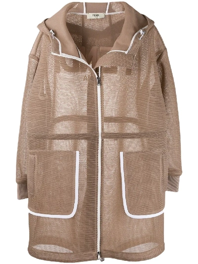 Shop Fendi Mesh Hooded Coat In Neutrals