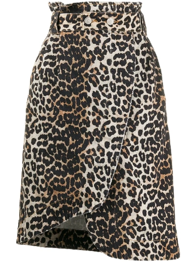 Shop Ganni Leopard Print Asymmetric Denim Skirt In Neutrals