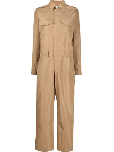 Shop Ganni Collared Utility Jumpsuit In Neutrals