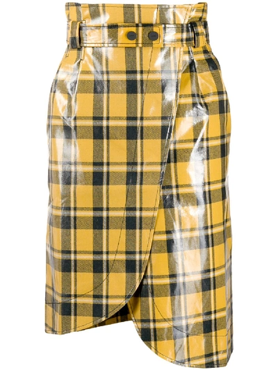 Shop Ganni High-waisted Check Wrap Skirt In Yellow