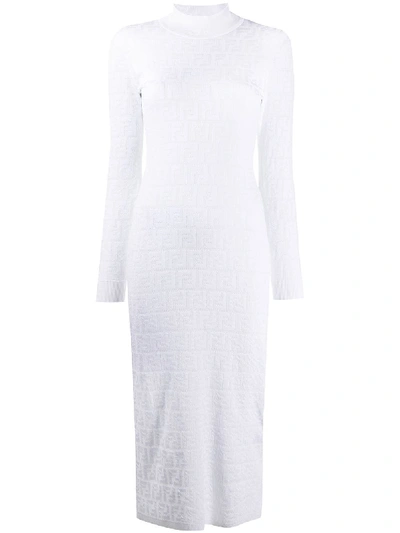 Shop Fendi Jacquard Ff Motif Knitted Dress In White