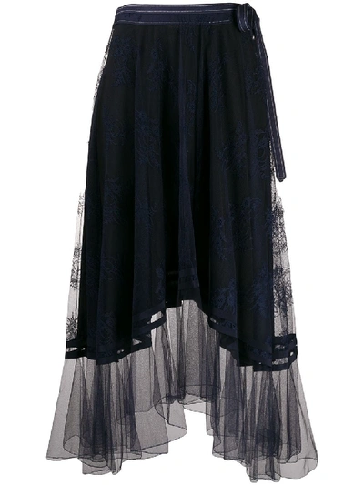 Shop Chloé Lace Asymmetric Midi Skirt In Blue