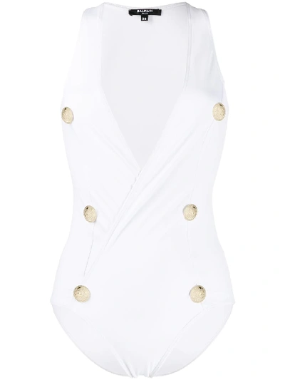Shop Balmain Decorative Buttons Swimsuit In White